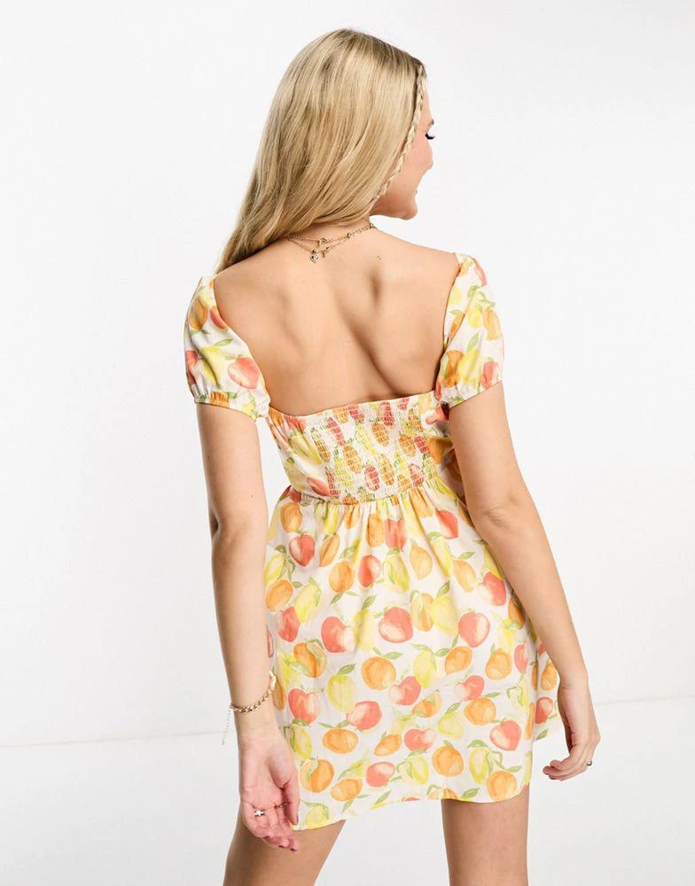 Miss Selfridge Miss Selfridge poplin corset puff sleeve mini dress in citrus fruit print 2