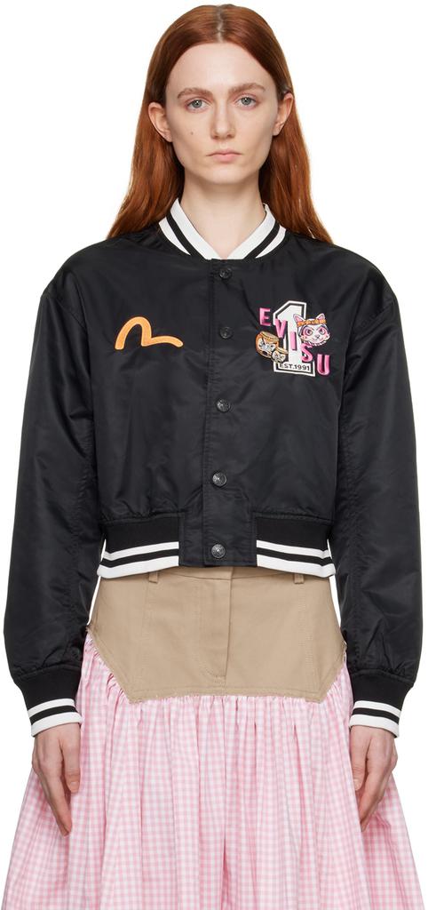 Evisu Black Fortune Cat Drumming Bomber Jacket