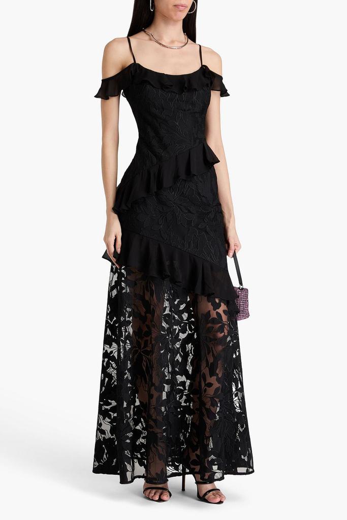 Monique Lhuillier Cold-shoulder ruffled embroidered tulle gown