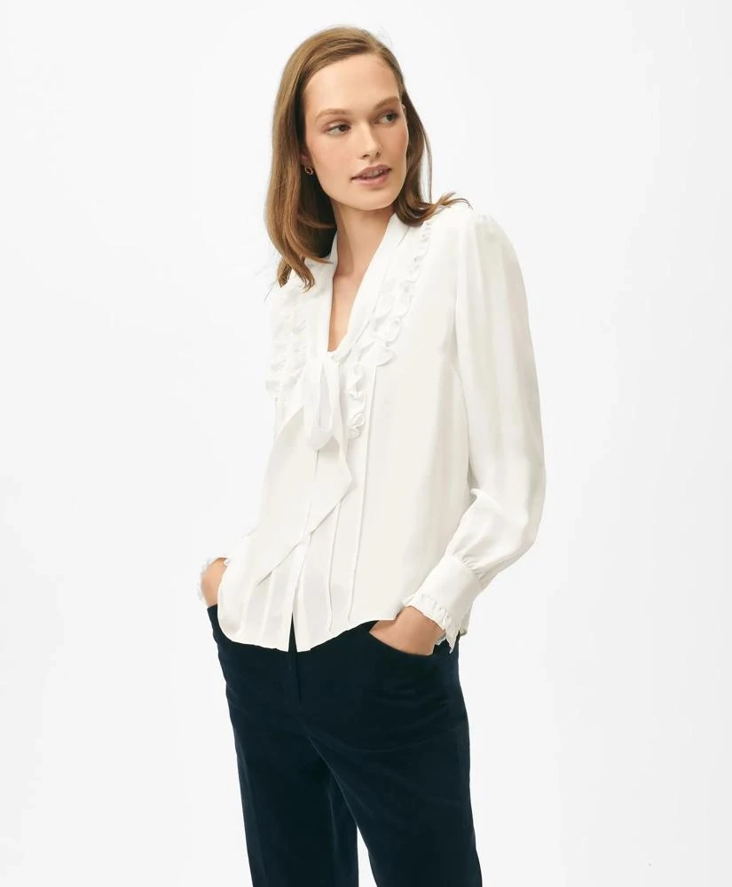 Brooks Brothers Ruffle Placket Tie-Neck Blouse in Georgette Silk 2