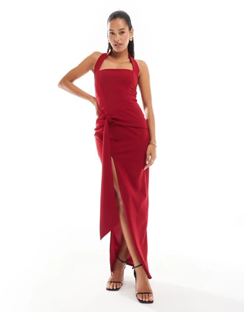 TFNC TFNC crepe square neck maxi dress with drape waist in red 1