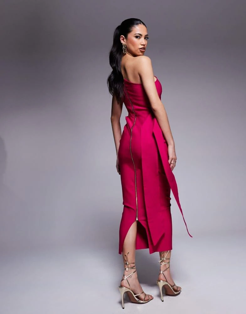 Vesper Vesper One Shoulder Midaxi Dress with belt in Cerise 3