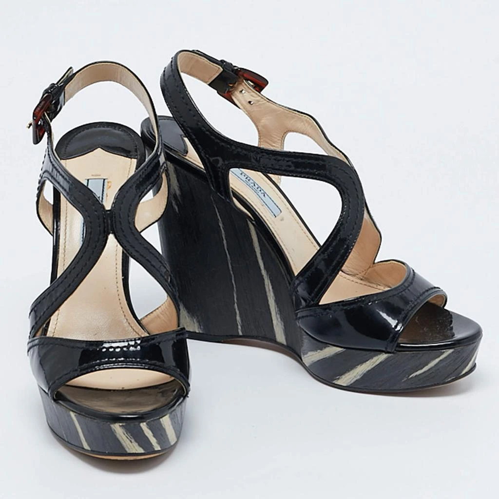 Prada Prada Black Patent Leather Wooden Wedge Ankle Strap Sandals Size 37 4