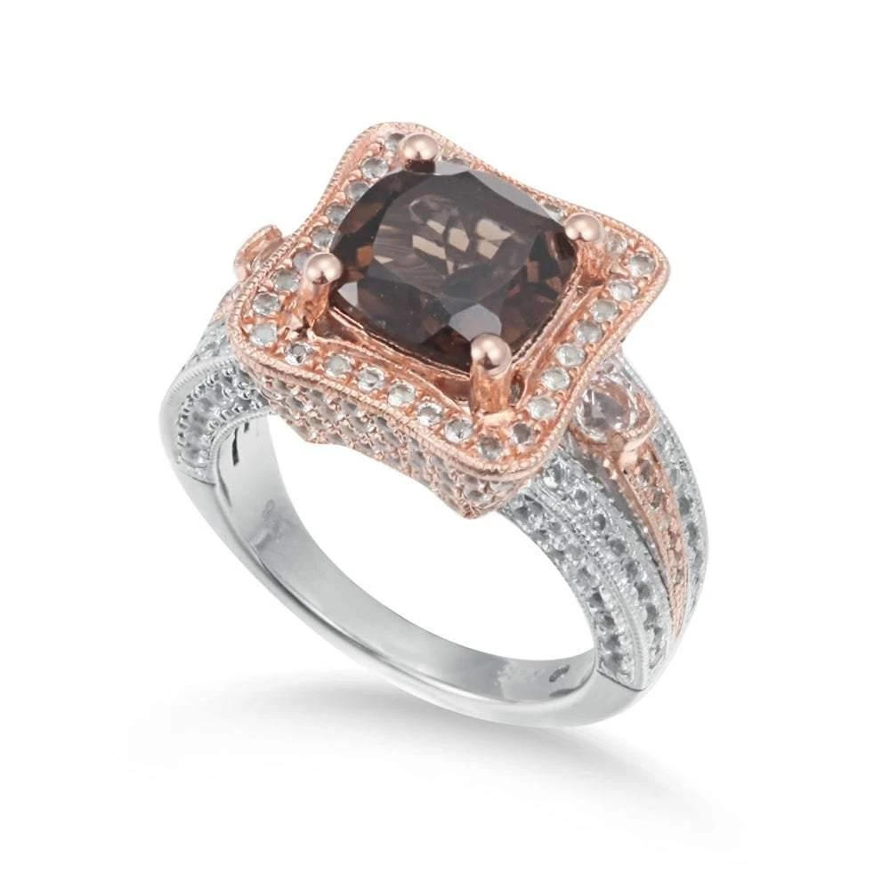 Suzy Levian Two-Tone Sterling Silver 5.48 cttw Cushion cut Smoky Quartz Ring 1