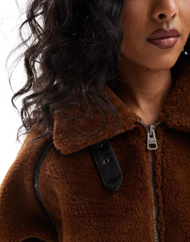 Pull&Bear Pull&Bear shearling jacket with faux leather seam detail in brown 3