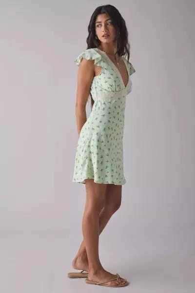 Kiss The Sky Kiss The Sky Green Floral Satin V-Neck Lace Trim Mini Dress 4