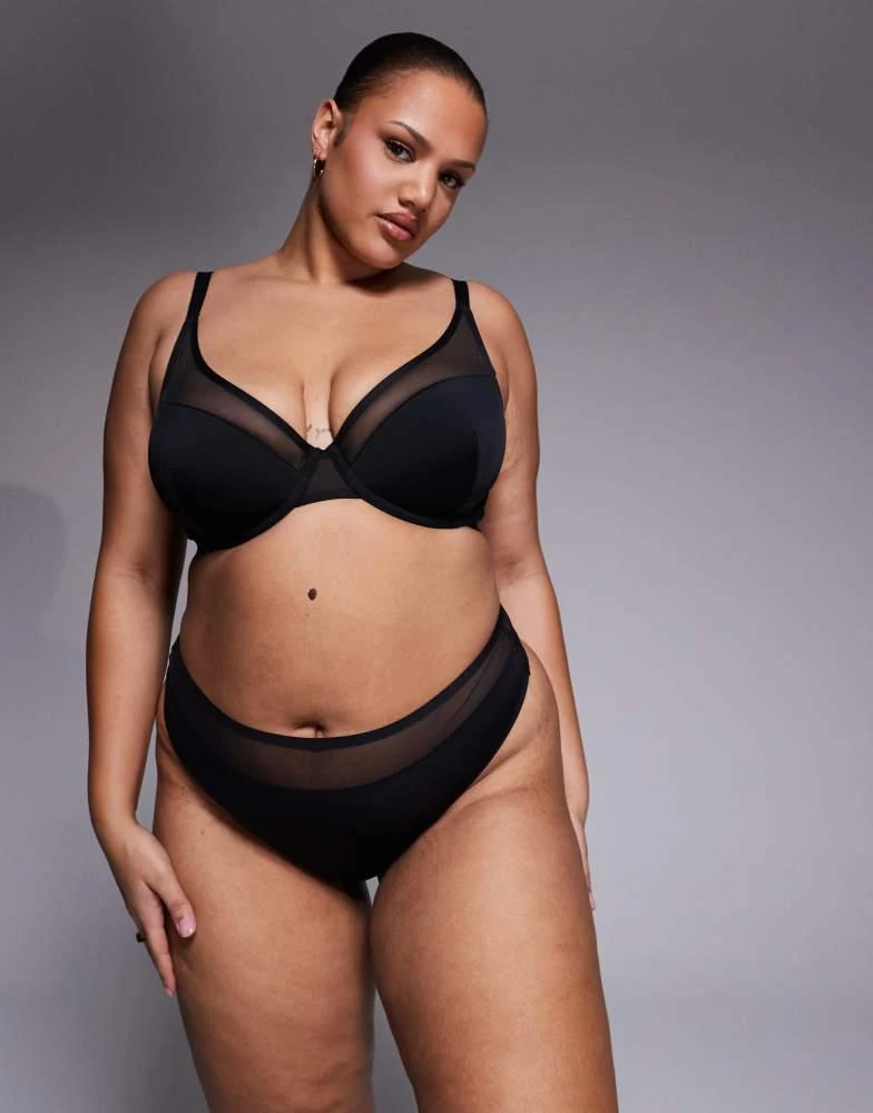 ASOS ASOS DESIGN Curve Ella microfibre high leg high waist thong with mesh detail in black