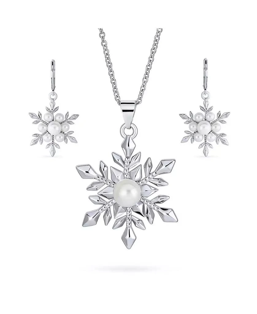 Bling Jewelry Holiday Party Christmas White Simulated Pearl Snowflake Necklace Pendant Dangling Earrings Jewelry Set For Women