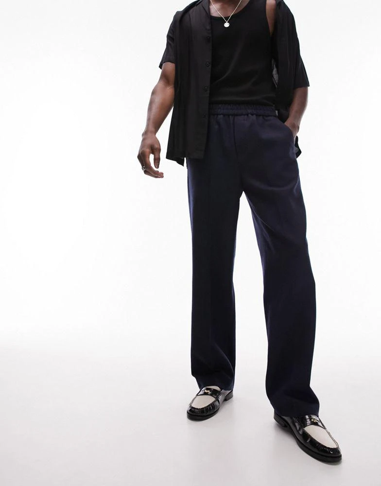 Topman Topman wide leg wool mix elasticated waistband trousers in navy 1