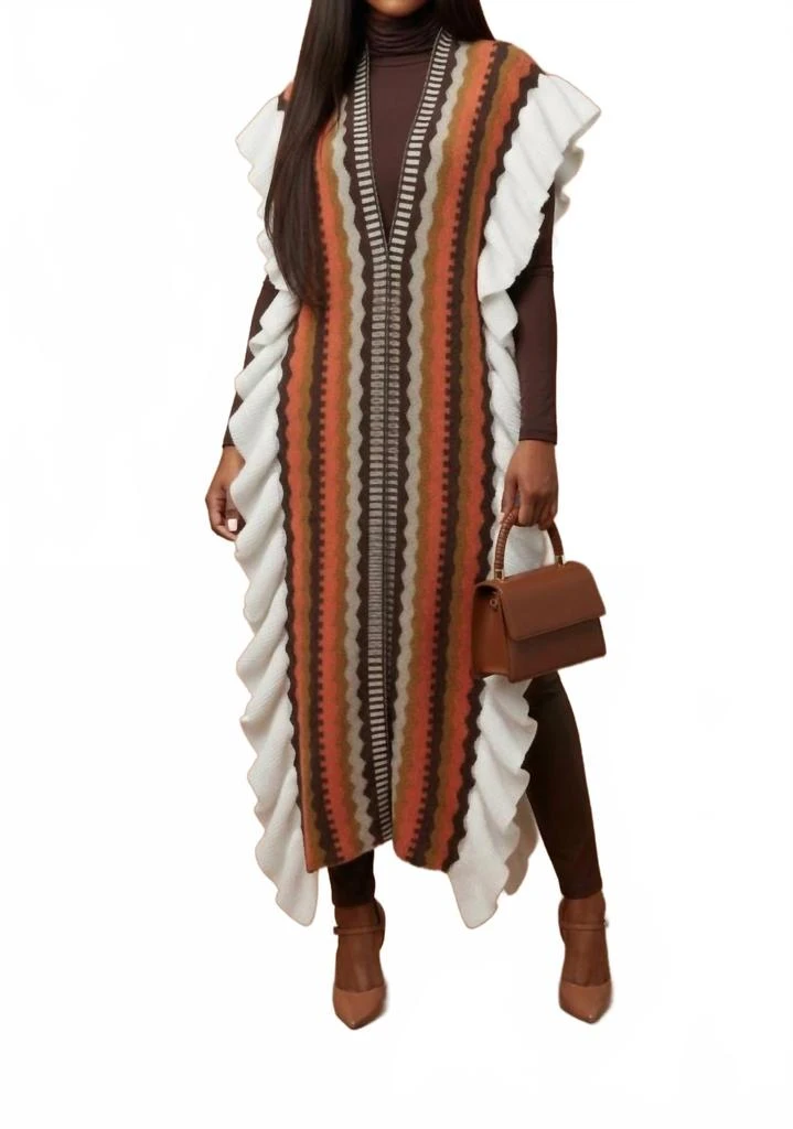 K TOO Longline Flutter Sleeves Cardigan In Mocha Orange Taupe Ivory