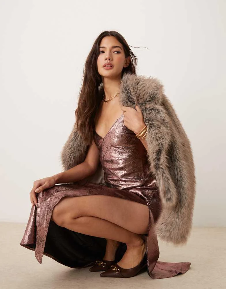Miss Selfridge Miss Selfridge metallic maxi slip dress in pink 4