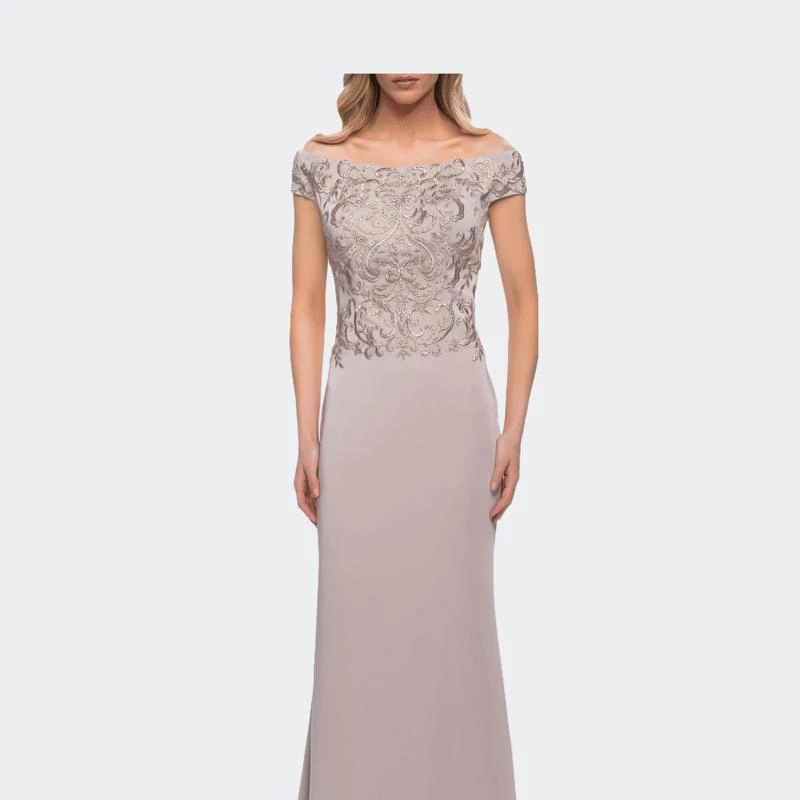 La Femme Chic Satin Gown with Lace Off the Shoulder Top 1
