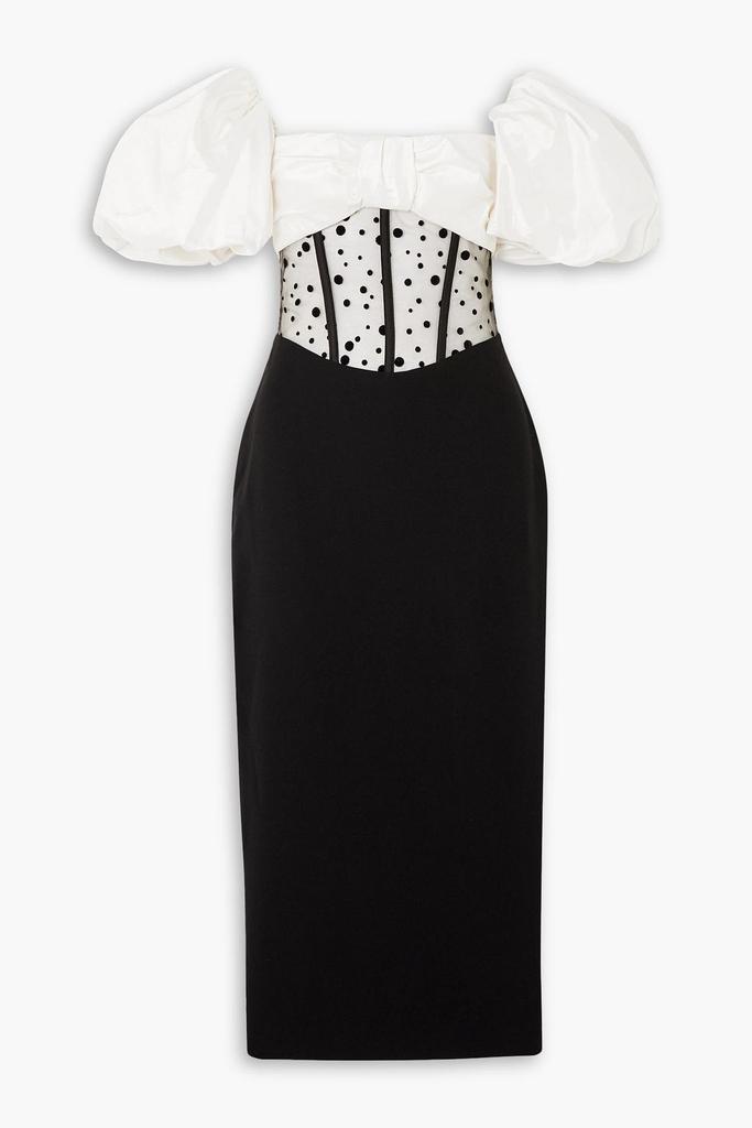 RASARIO Off-the-shoulder bow-detailed taffeta, flocked tulle and crepe midi dress