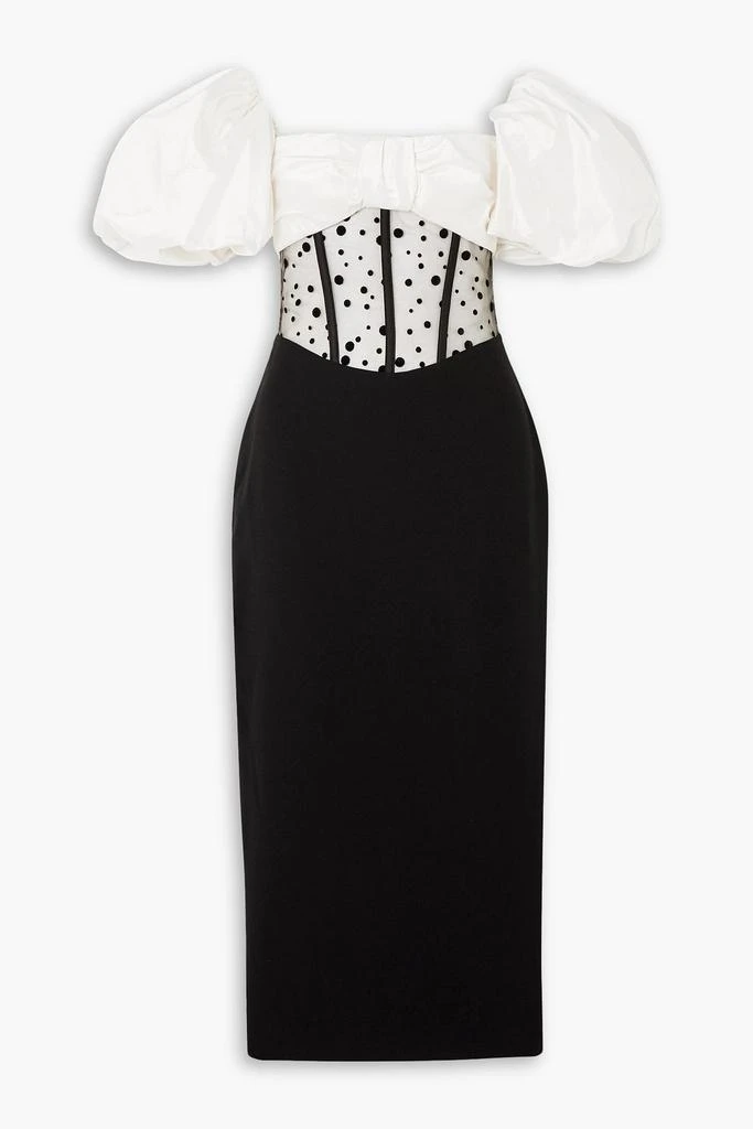 RASARIO Off-the-shoulder bow-detailed taffeta, flocked tulle and crepe midi dress 1