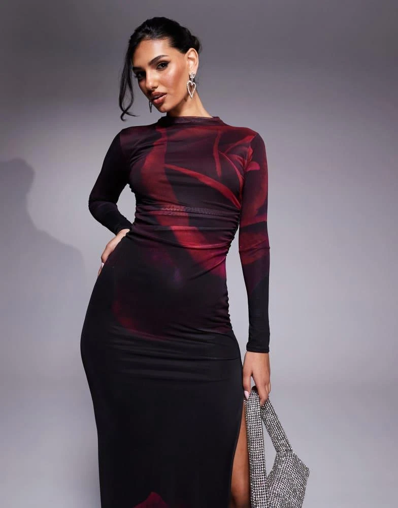 Kaiia Kaiia exclusive x Sasha Corte exclusive high neck thigh split slinky  mesh maxi dress in burgundy rose print - Dresses & Skirts - Free Shipping -  BeyondStyle