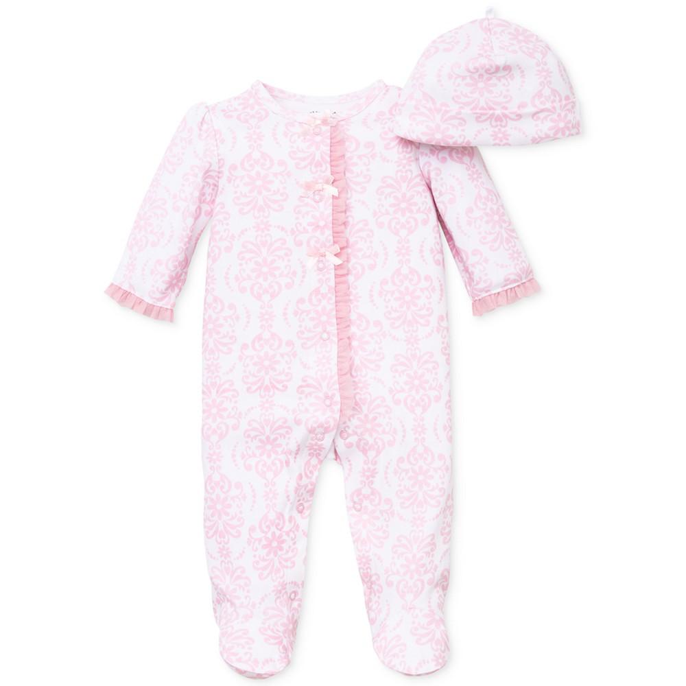 Little Me Baby Girls Damask Footed Coverall and Hat, 2 Piece Set
