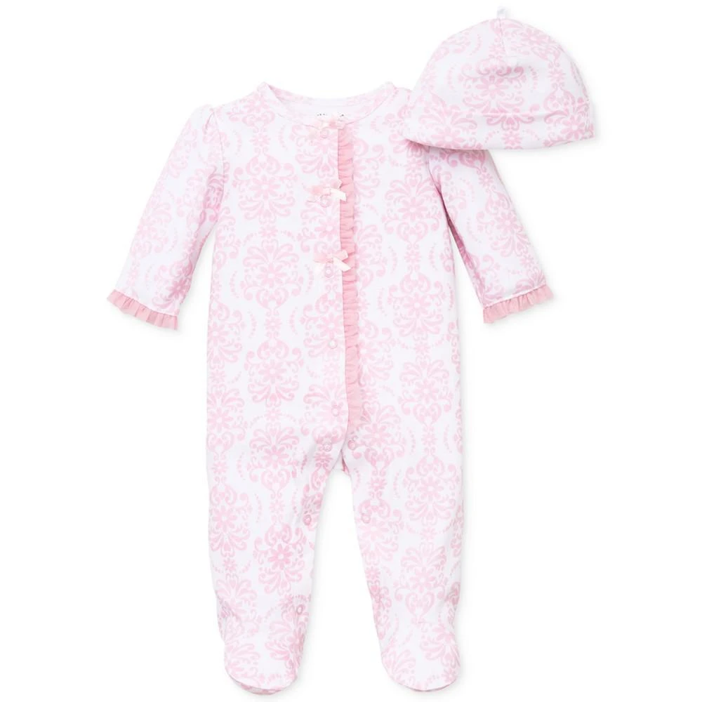 Little Me Baby Girls Damask Footed Coverall and Hat, 2 Piece Set 1