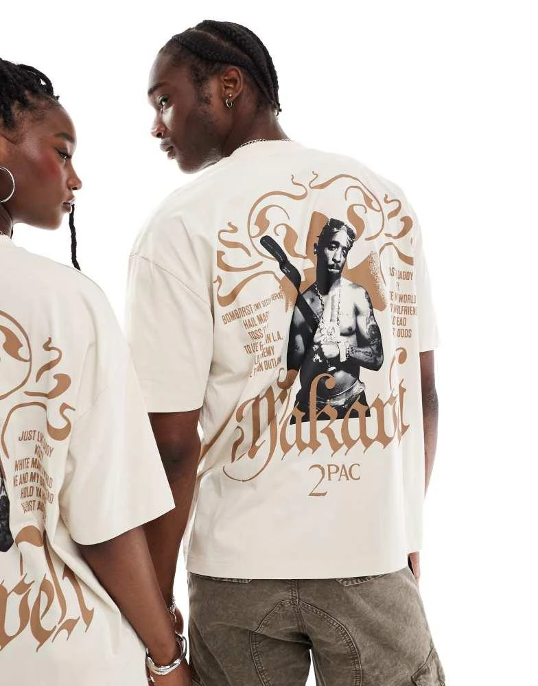 ASOS ASOS DESIGN unisex oversized license t-shirt with Tupac prints in beige 2