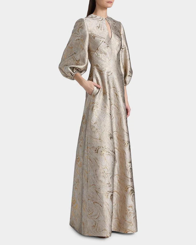 REEM ACRA Balloon-Sleeve Metallic Brocade Kaftan Gown 6