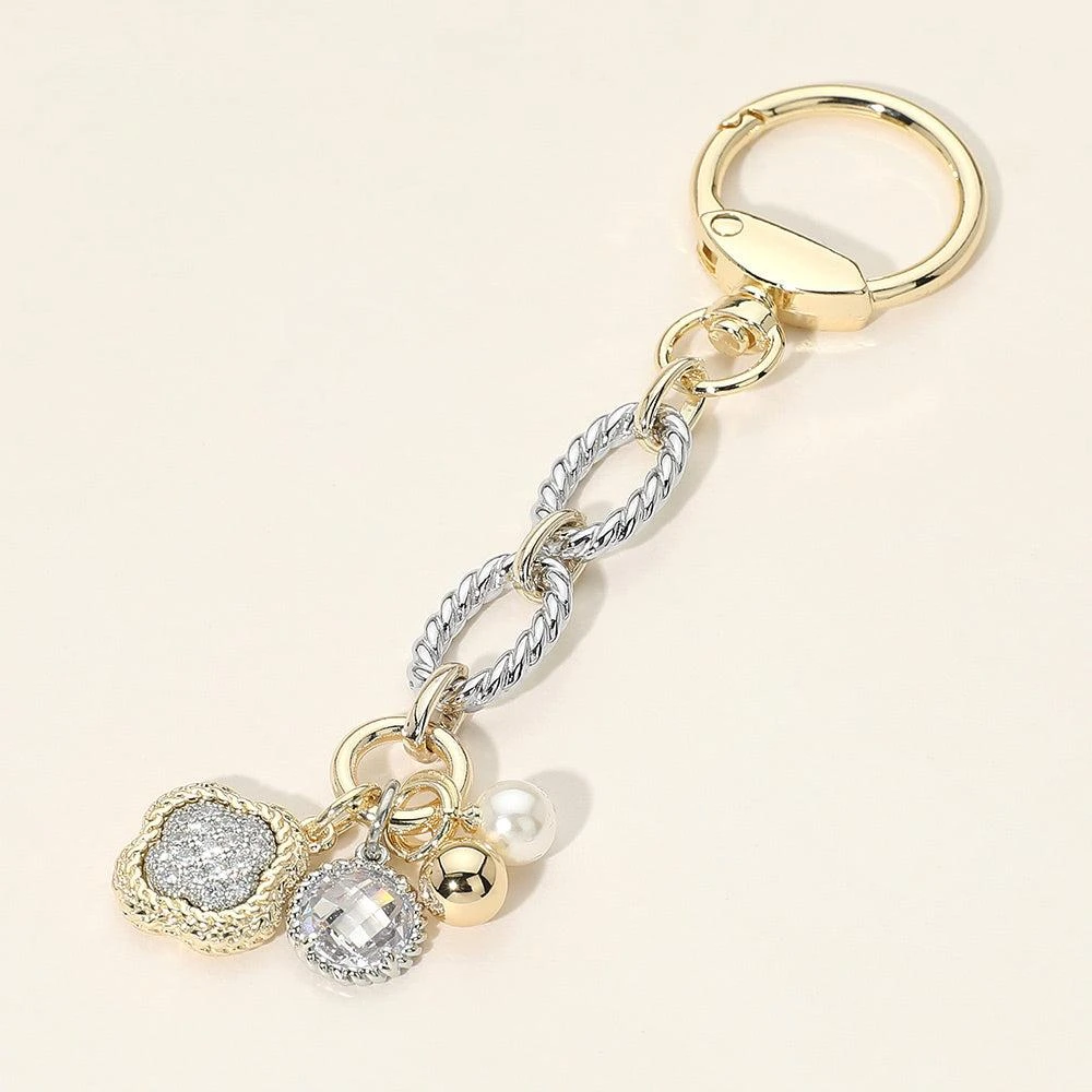 FASHNZFAB 14K Gold Plated Two Tone CZ Stone Pave Quatrefoil Pearl Charm Drop Keychain Bag Charm