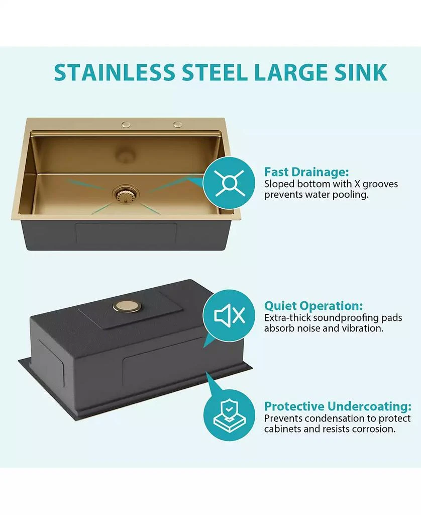 Flynama huluwat 36x22x10inch Drop in Gold Kitchen Sink Workstation Stainless Steel Single Bowl 16 Gauge 10