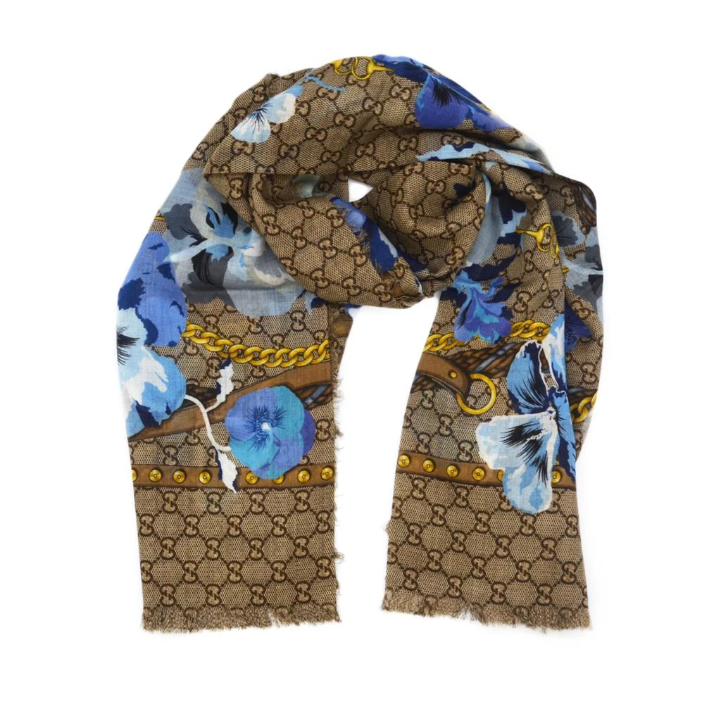 Gucci Gucci - Beige/Blue GG Floral Print Wool Scarf 4