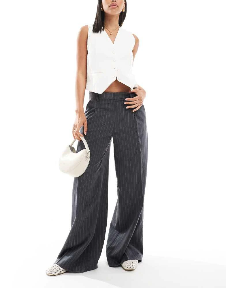 Monki Monki high waist wide leg tailored trousers in grey stripe 1
