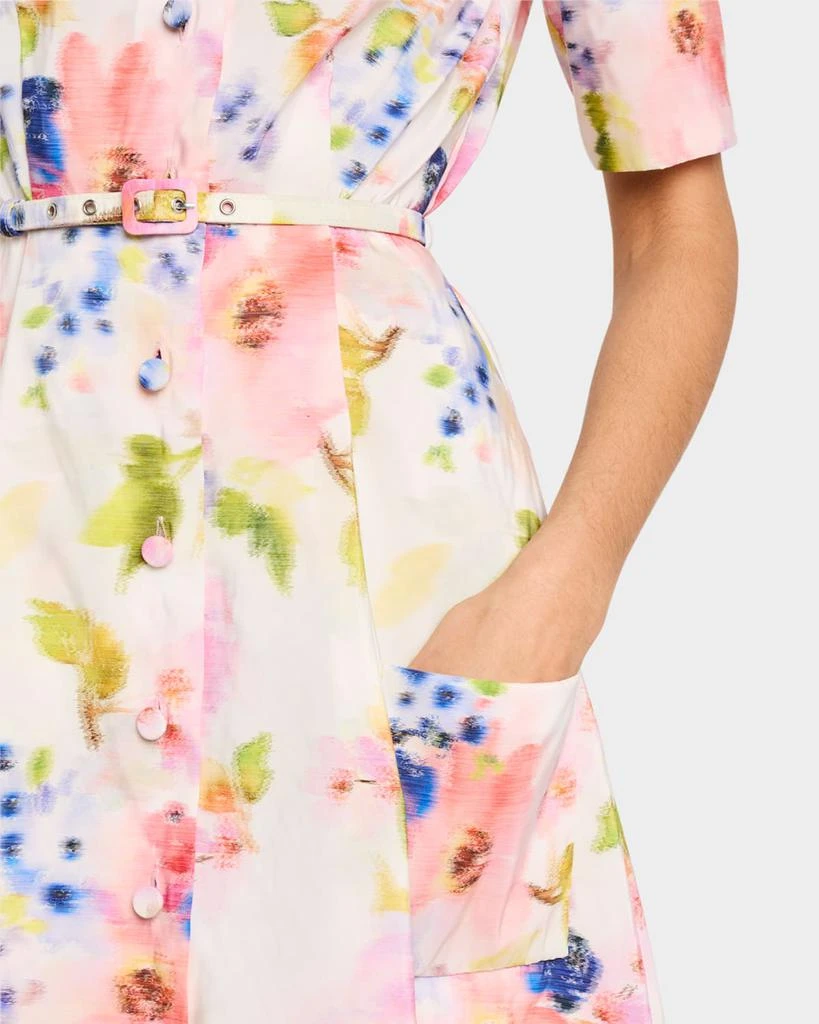 Pamella Roland Multi Floral Taffeta Short-Sleeve Shirtdress With Belt 5