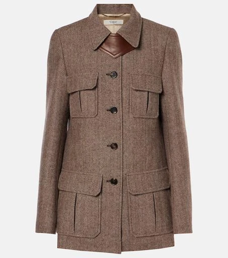 Chloé Herringbone leather-trimmed wool jacket 1