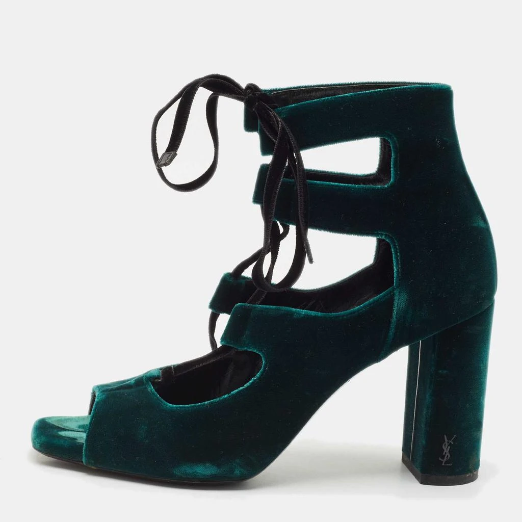 Yves Saint Laurent Saint Laurent Dark Green Velvet Loulou Open Toe Lace Up Block Heel Pumps Size 37.5 1
