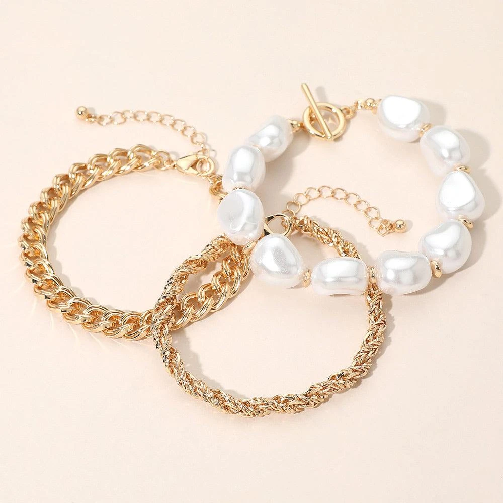 FASHNZFAB 3PCS - Bold Chunky Pearl Beaded Chain Multi Layered Bracelets 4