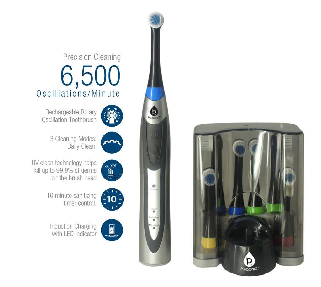 PURSONIC Deluxe Ultra High Powered Rotary Oscillating Rechargeable Electric Toothbrush with Dock Charger & 12 Brush Heads (Value Pack)