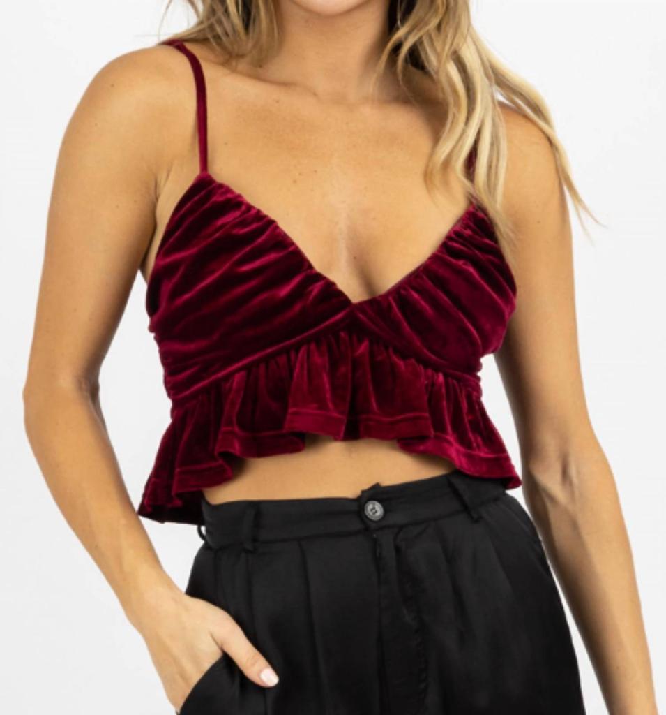 Blue Blush Wine Ruffled Cropped Top In Velvet