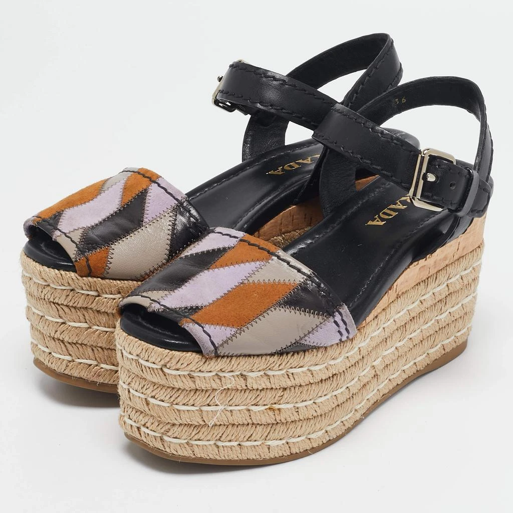Prada Prada Multicolor Leather and Suede Cork Espadrille Platform Ankle Strap Sandals Size 36 2