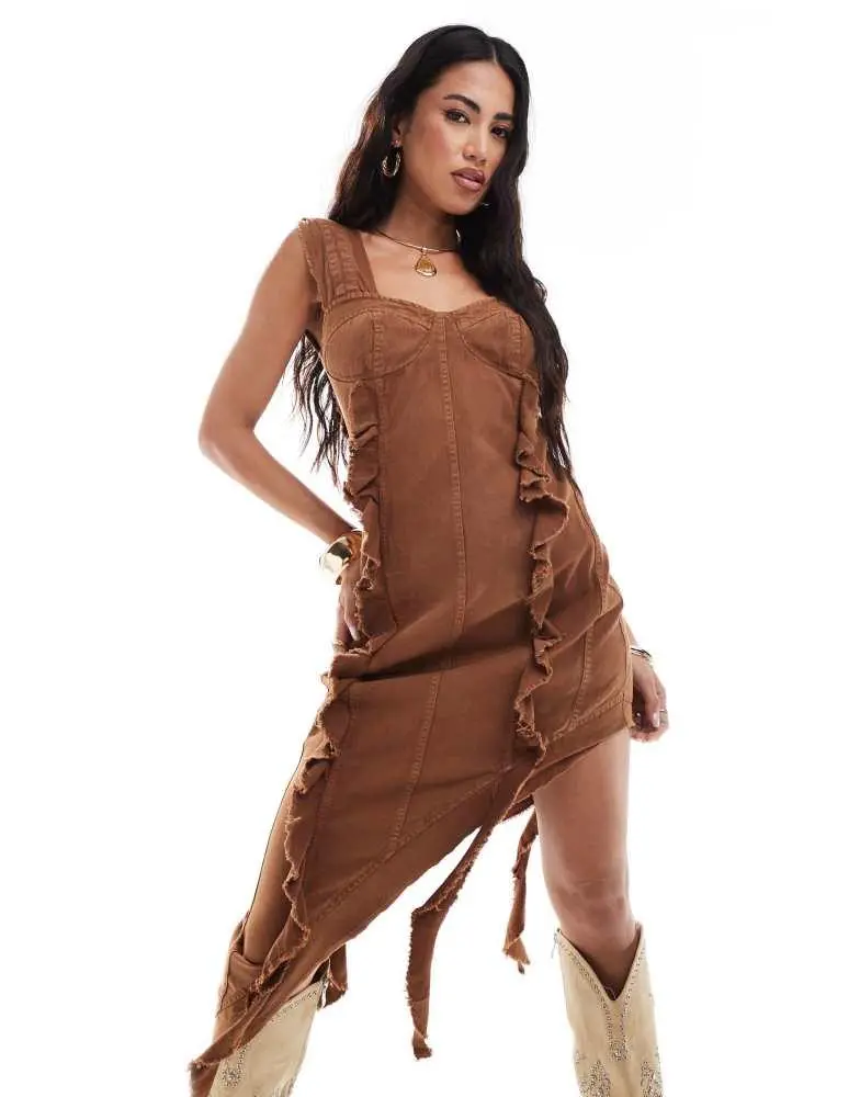 ASOS ASOS DESIGN washed twill midi dress with raw edge and asymmetric hem in chocolate 3