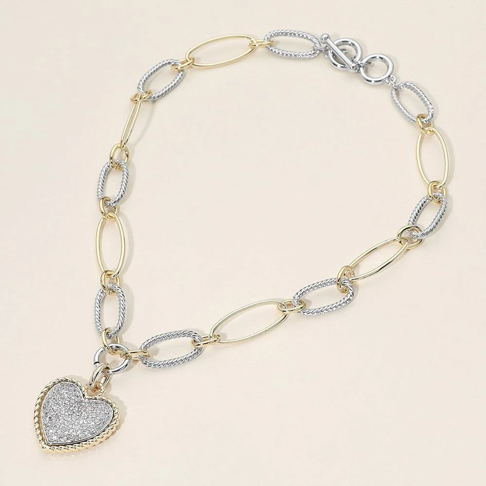 FASHNZFAB 14K Gold Plated Two Tone Oval Link CZ Pave Heart Pendant Necklace 3