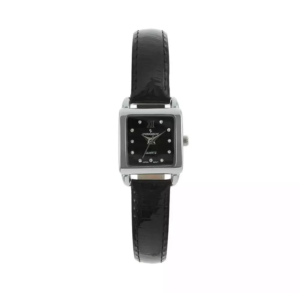 Peugeot Women's 20mm Square Watch with Glossy Black Leather Strap