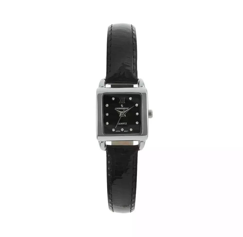 Peugeot Women's 20mm Square Watch with Glossy Black Leather Strap 1