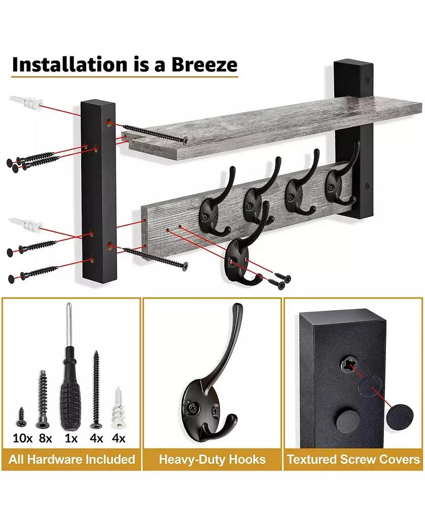 Sorbus 16 Inch Floating Wall Shelf with 5 Heavy Duty Hooks – for Entryway, Bathroom, Bedroom, Kitchen, or Mudroom 5