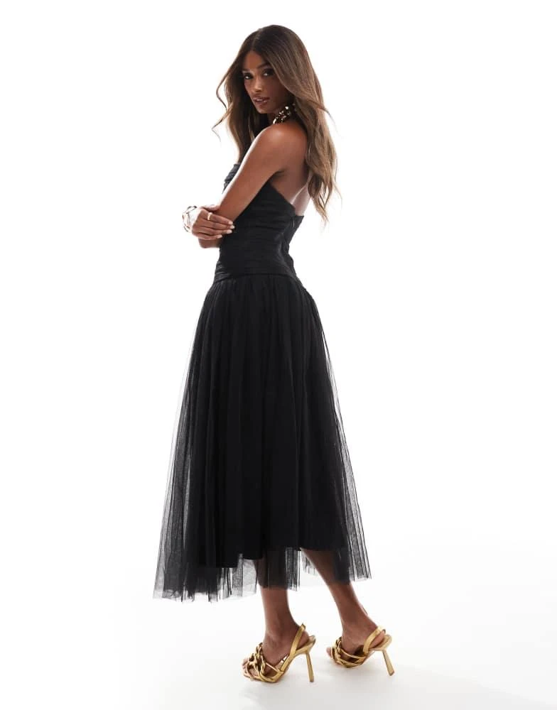 Lace & Beads Lace & Beads drop hem tulle midaxi dress in black 2