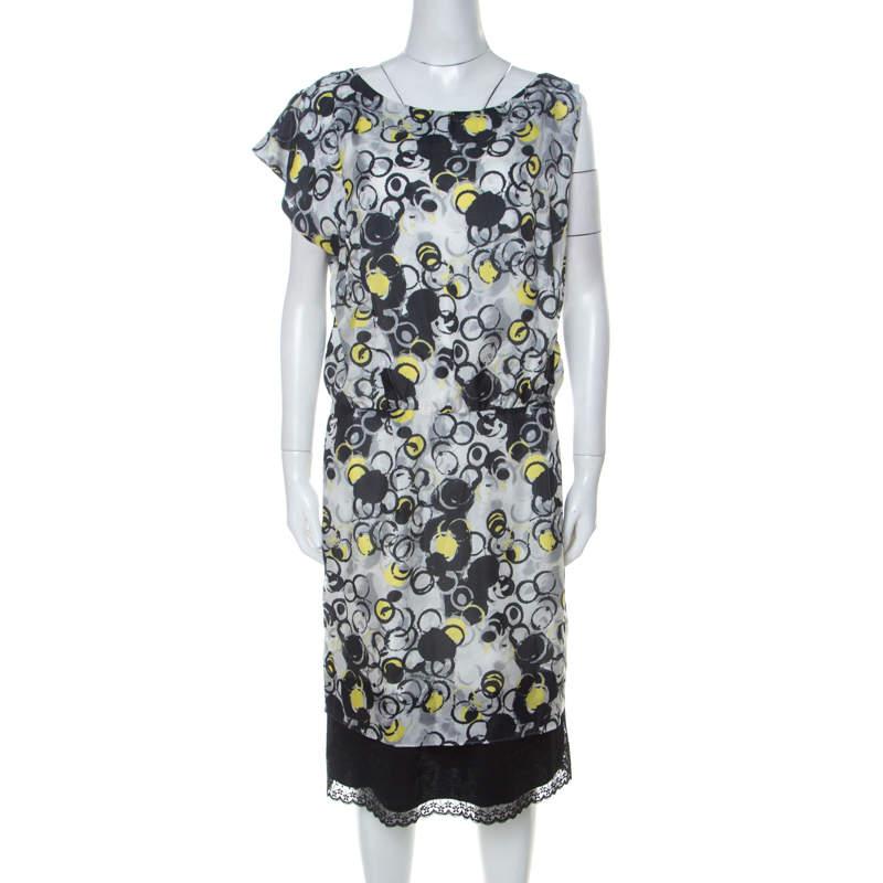Gianfranco Ferre GF Ferre Multicolor circle Print Silk Lace Detail Asymmetric Shoulder Dress L