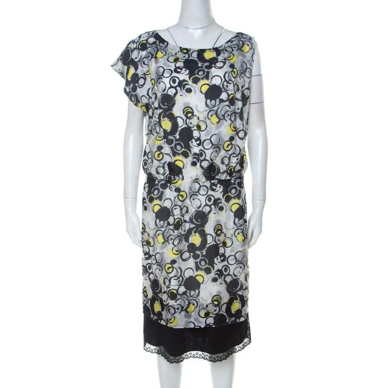 Gianfranco Ferre GF Ferre Multicolor circle Print Silk Lace Detail Asymmetric Shoulder Dress L 1