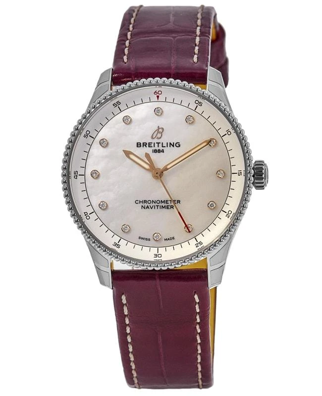 BREITLING Breitling Navitimer 32 White Mother of Pearl Diamond Dial Burgundy Leather Strap Women's Watch A77320E61A2P2 1