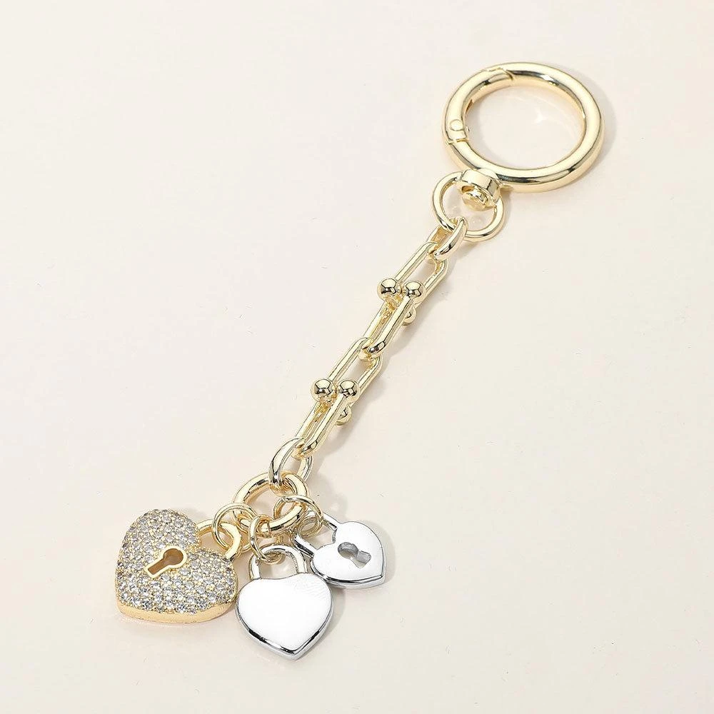 FASHNZFAB 14K Gold Plated CZ Pave Triple Heart Lock Charm Drop Keychain Bag Charm