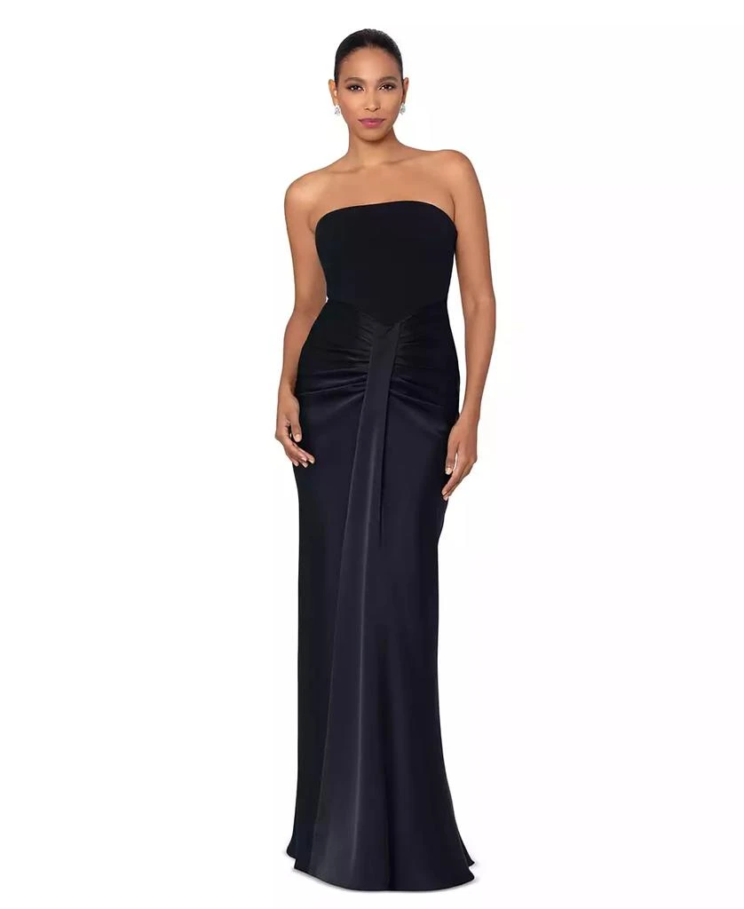 Betsy & Adam Petite Strapless Drape-Front Satin Gown 1