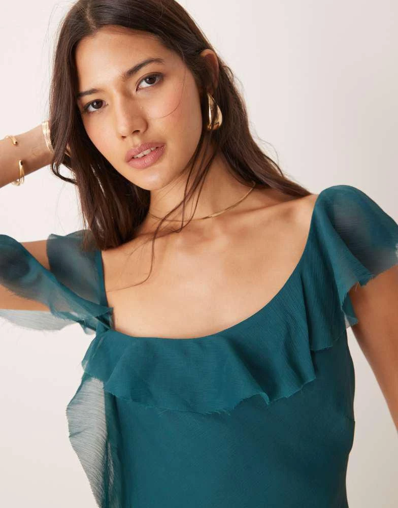 ASOS ASOS DESIGN asymmetric shoulder bias cut maxi dress with ruffle details in pine green 4