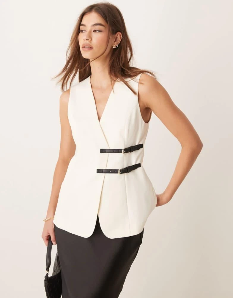 ASOS ASOS DESIGN longline waistcoat with belt detail in off white 1