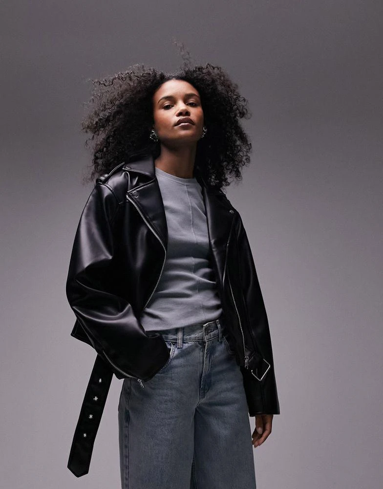 Topshop Topshop faux leather biker jacket in black 1