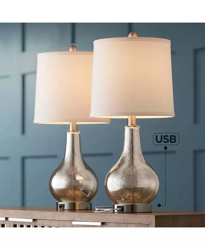 360 Lighting Ledger Modern Accent Table Lamps 21 3/4" High Set of 2 Mercury Glass with USB Charging Port Off-White Drum Shade for Family Office Desk 2