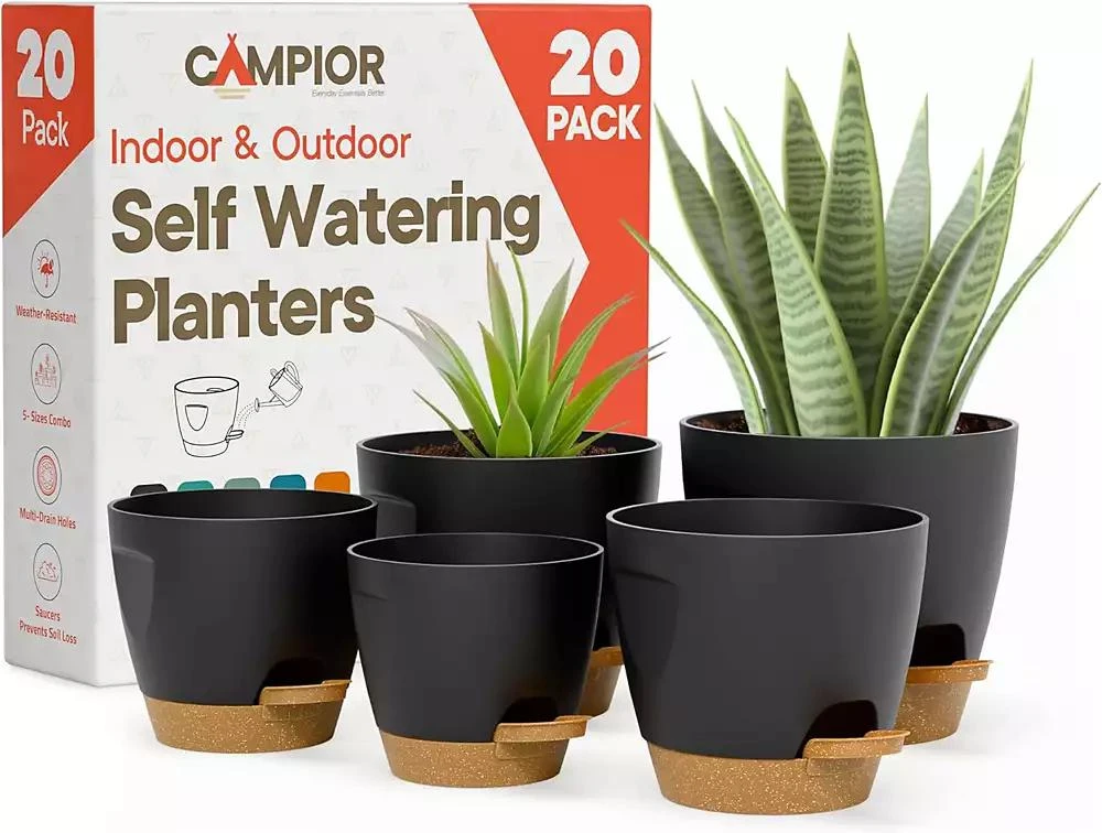 Lifemaster Black Self Watering Pots 20 Pack, Indoor and Outdoor Plant Pots with Wick Rope
Drainage Holes, Easy Watering Lip, Lightweight Plastic Self Watering Planter for Succulents, Houseplants, and Herbs